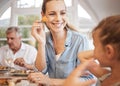 Mother, girl and food at restaurant, smile and fork in hand playing in funny moment with kid. Mom, child and happy at Royalty Free Stock Photo