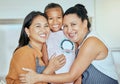 Mother, girl and grandma in hug kitchen with smile on face and help baking or cooking together. Family, apron and