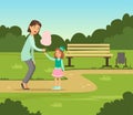 Mother giving cotton candy to her daughter while walking in summer park outside, family leisure vector illustration