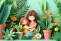 Mother giving her daughter a gentle hug, sitting among potted plants. Handcrafted paper art.