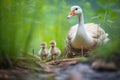 mother goose with goslings exploring underbrush Royalty Free Stock Photo