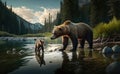 Grizzly bear mother teaching her baby to catch fish generative AI