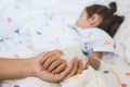 Mother hand holding sick daughter hand who have IV solution Royalty Free Stock Photo