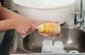 mother hand washing baby plastic milk bottle Royalty Free Stock Photo