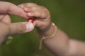 Mother handing daughter a wild strawberry