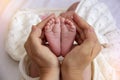 Mother Hands Holding Small Baby Feet. Close-up Tiny Baby Feet in Hands. Royalty Free Stock Photo