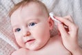 Mother hands wash the ears of a happy infant baby with a cotton pad. Mom holds hygiene face toddler kid on the sofa, six to seven Royalty Free Stock Photo