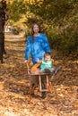 Mother have fun time with kid, use garden wheelbarrow with pumpkins