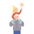 Mother Having Her Daughter Sitting on Her Shoulders with Beaming Smile Vector Illustration.