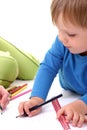 Mother help her son with drawing. Royalty Free Stock Photo