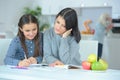 Mother helping daughter with homework