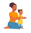 Mother helping her child to take first steps. Cartoon vector illustration. Royalty Free Stock Photo