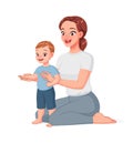 Mother helping her child to take first steps. Cartoon vector illustration. Royalty Free Stock Photo