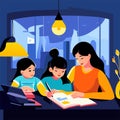 Mother helping her children doing homework at home vector flat illustration. Cartoon mother helping her children to do school home Royalty Free Stock Photo