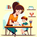 Mother helping her son with homework at home. Mom helping her son with homework. AI generated Royalty Free Stock Photo