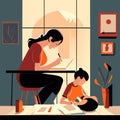 Mother helping her son to do homework at home.Generative AI