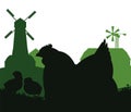 Mother hen incubates eggs. Chickens grazing. Scenery silhouette. Agricultural farm bird. Farm building. Object isolated