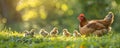 Mother hen with little chickens in a rural yard. Hen guides her brood of tiny chicks in green paddock Royalty Free Stock Photo