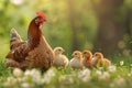 Mother hen with little chickens in a rural yard. Hen guides her brood of tiny chicks in green paddock Royalty Free Stock Photo