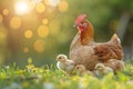 Mother hen with little chickens in a rural yard. Hen guides her brood of tiny chicks in green paddock Royalty Free Stock Photo
