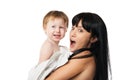 Mother with her baby after bathing in white towel Royalty Free Stock Photo