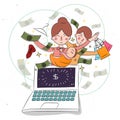 Mother and her baby childern on laptop. Business woman working from home earning dollar online Royalty Free Stock Photo