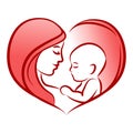 Mother with her baby, heart, outline vector silhouette, mother care icon. Royalty Free Stock Photo