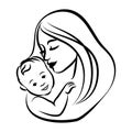 Mother with her baby. Stylized outline symbol. Motherhood, love