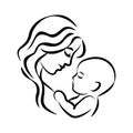 Mother with her baby. Stylized outline symbol. Motherhood, love