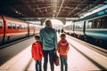 Mother And Her Boys Longingly Await Fathers Arrival At The Station Surrounded By Waiting And Arriving Trains - Generative AI