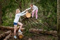 Mother and her child girl playing and having fun together on walk in forest outdoors. Happy loving family posing on nature Royalty Free Stock Photo