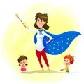 Mother and her children play wizards. Super mother