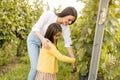 Mother and her cute girl have fun in autumn vineyard Royalty Free Stock Photo