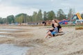 Mother and her cute little son enjoying time at beach Royalty Free Stock Photo