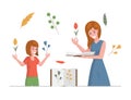 Mother and her daughter collecting dried flowers and herbs vector flat illustration. Handmade herbarium hobby.