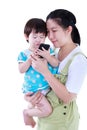 Mother with her daughter. Girl using electronic gadget. Isolated