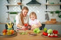 Mother with her daughter in kitchen preparing healthy food with fresh vegetables Royalty Free Stock Photo