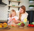 Mother with her daughter in kitchen preparing healthy food with fresh vegetables Royalty Free Stock Photo