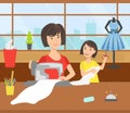 Mother and Her Daughter Sewing Together, Loving Mom and Her Child in Everyday Life at Home Vector Illustration