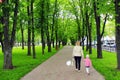 Mother and her daughter walk in city park