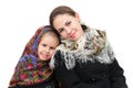 A mother with her daughter are wearing russian kerchiefs