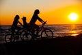 Mother and her kids on the bicycle silhouettes