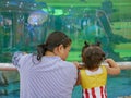 A mother and her little baby girl, 2 years old, spending time together, talking and watching fishes in front of an indoor fish- Royalty Free Stock Photo