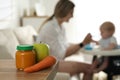 Mother with her little baby, focus on healthy puree and fresh ingredients Royalty Free Stock Photo