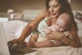 Mother and her little baby at home. Mother working at home. Royalty Free Stock Photo