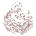 Mother with her little son. Adult coloring vector page. Motherday illustration