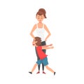 Mother and Her Mischievous Son, Naughty, Rowdy Boy, Bad Child Behavior Vector Illustration