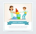 Mother and her son playing building blocks, happy family banner flat vector element for website or mobile app