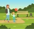 Mother and her son walking in summer park outside, family leisure vector illustration Royalty Free Stock Photo