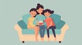 A mother and her two children snuggle together on the couch watching their favorite movie and sharing a bowl of popcorn Royalty Free Stock Photo
